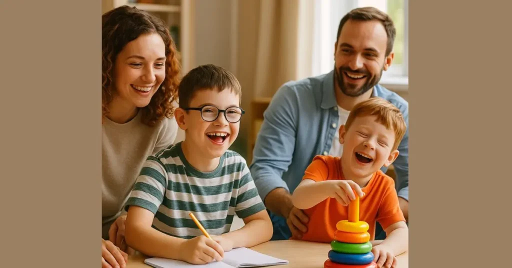 European family with their kids. One kid has autism