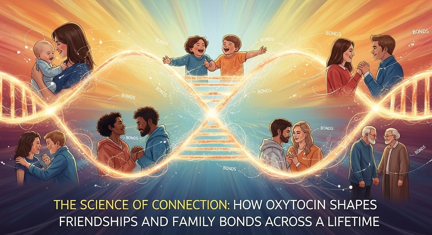 a digital painting of The Science of Connection: How Oxytocin Shapes Friendships and Family Bonds Across a Lifetime