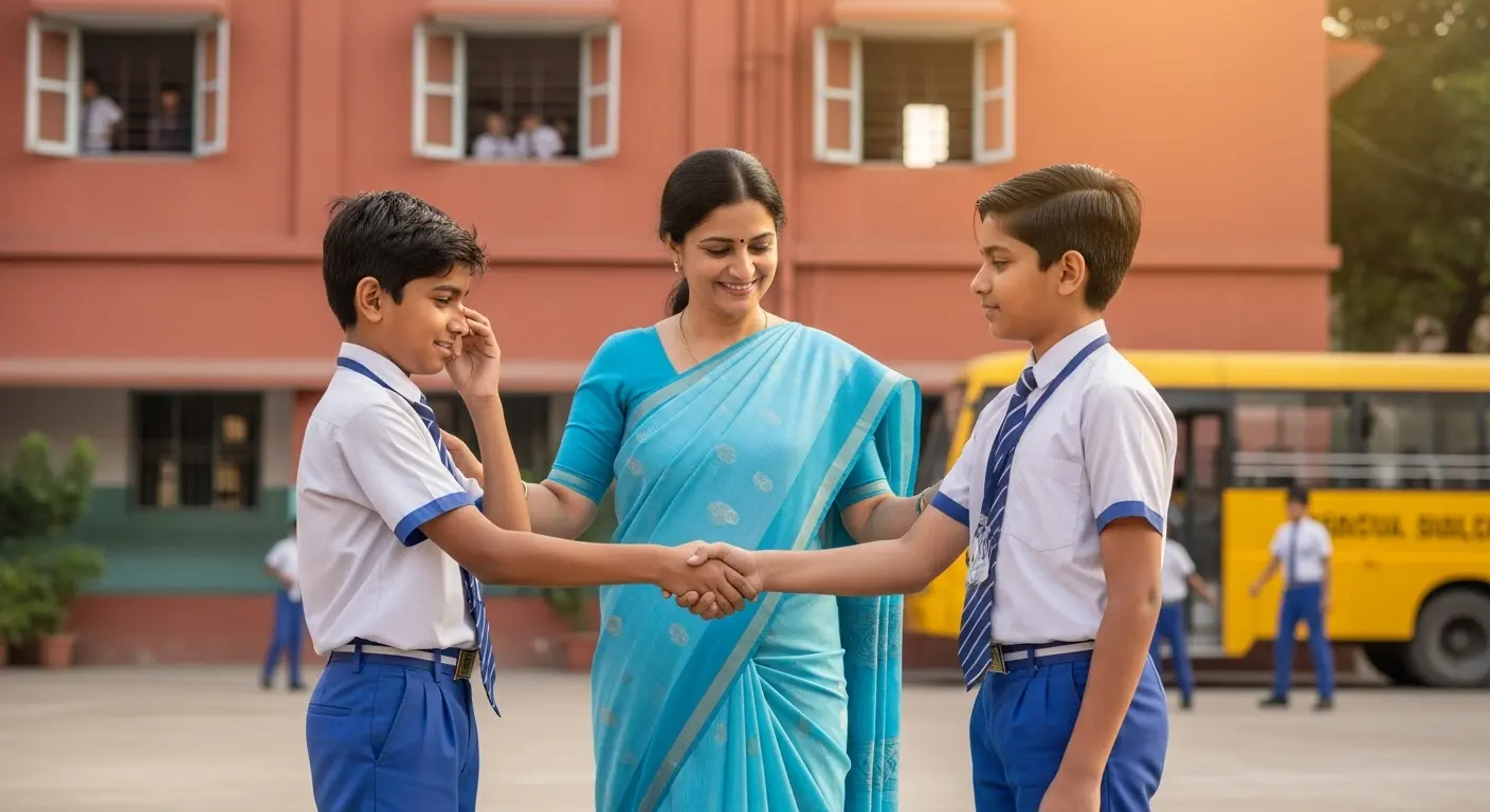 two students shaking hands in front of teacher
