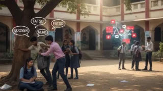 Illustration of bullying in an Indian schoolyard, depicting physical, verbal, and cyberbullying against students in uniform.