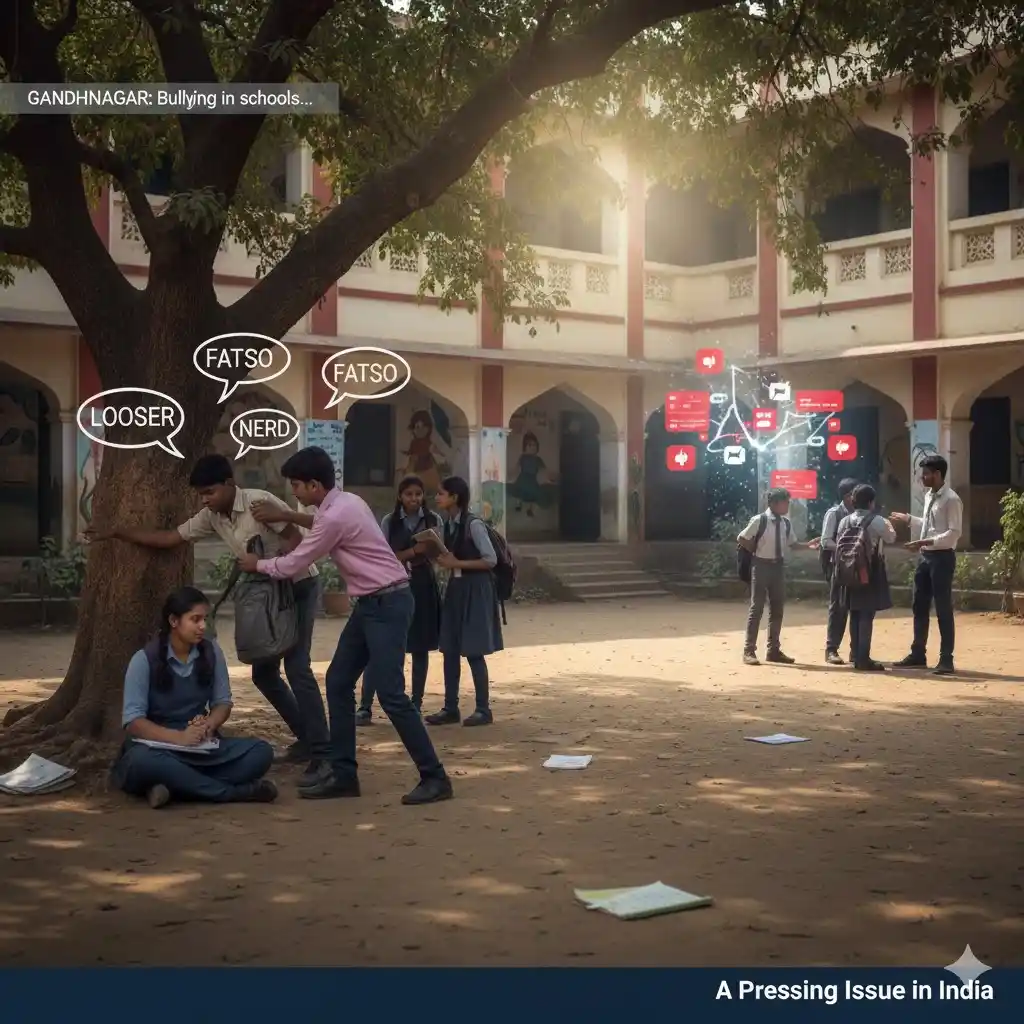Illustration of bullying in an Indian schoolyard, depicting physical, verbal, and cyberbullying against students in uniform.