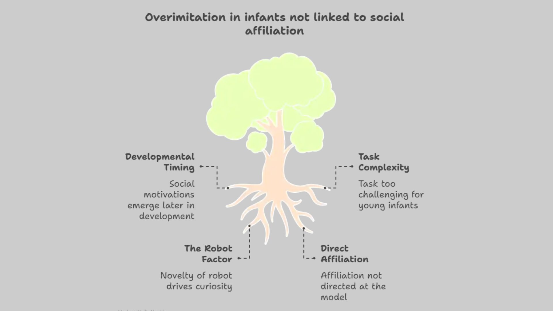 A simple diagram of a tree, with the title "How Imitation is Cultivated & Nurtured." The trunk is labeled "Executive Function," while the leaves are labeled "Intentional Imitation." The roots are divided, with labels for "Sensory Processing," "Working Memory," "Self-Awareness," "Motor Planning," and "Emotional Regulation," all of which support the trunk.