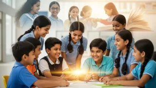 A dynamic composition featuring a group of smiling, multi-ethnic Indian school children in uniform, collaboratively engaged around a table with a glowing light at its center. Smaller, ethereal images of other children learning and interacting are visible in the background, along with an open book, symbolizing a holistic approach to education beyond textbooks.