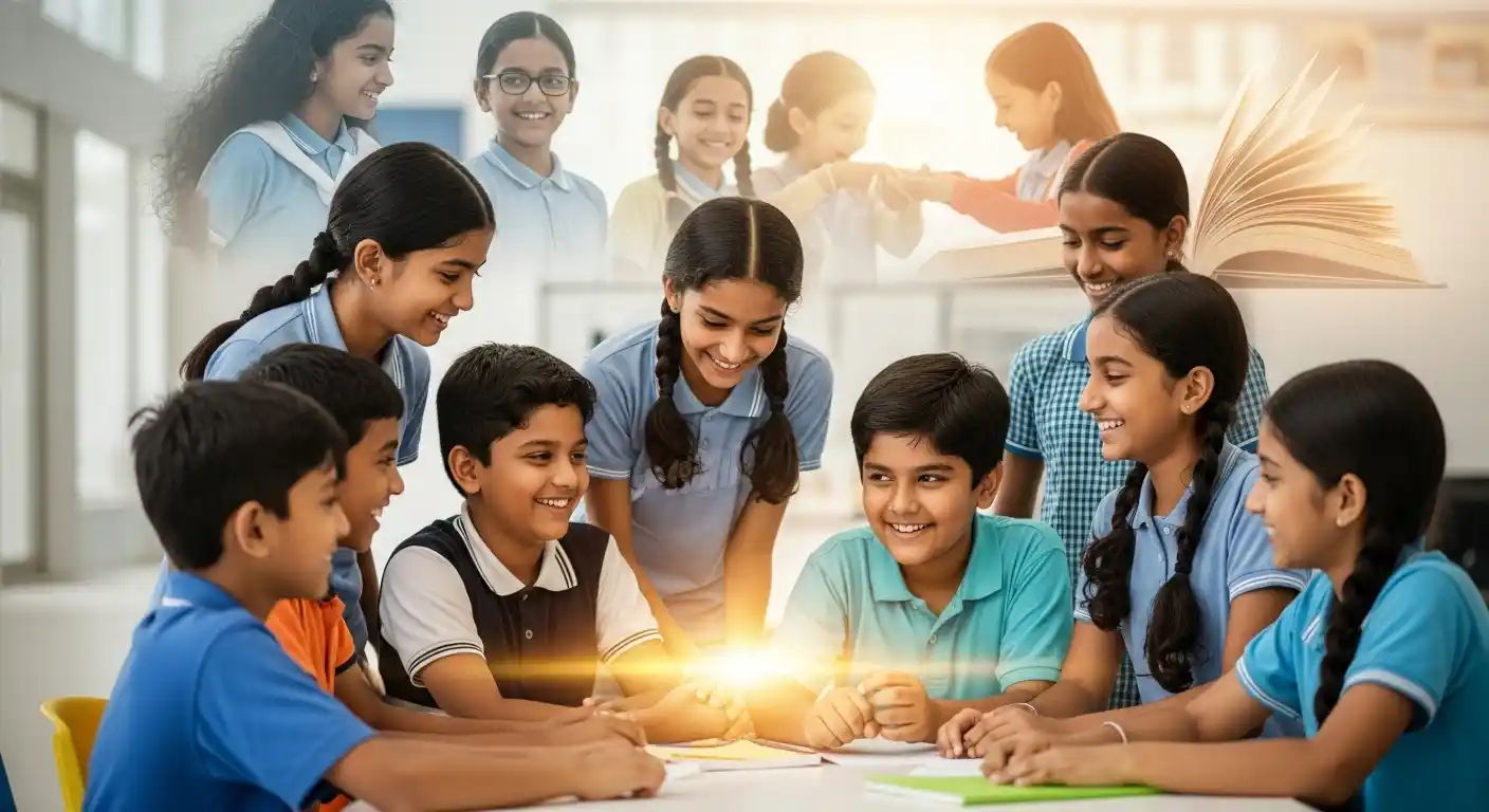 A dynamic composition featuring a group of smiling, multi-ethnic Indian school children in uniform, collaboratively engaged around a table with a glowing light at its center. Smaller, ethereal images of other children learning and interacting are visible in the background, along with an open book, symbolizing a holistic approach to education beyond textbooks.