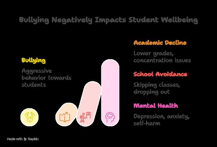 Infographic titled 'Bullying Negatively Impacts Student Wellbeing' showing a rising bar chart illustrating the severe consequences of bullying, including Academic Decline, School Avoidance, and Mental Health issues.