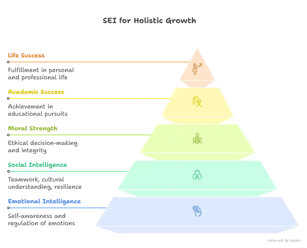  A five-level pyramid representing a hierarchy of socio-emotional and spiritual learning outcomes, with the broadest base being "Holistic Development" and the peak being "Global Citizenship." Each level is color-coded and includes a descriptive title, bullet points, and an icon representing the concept.