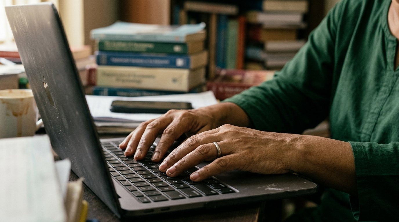 A stressed academic typing on a laptop