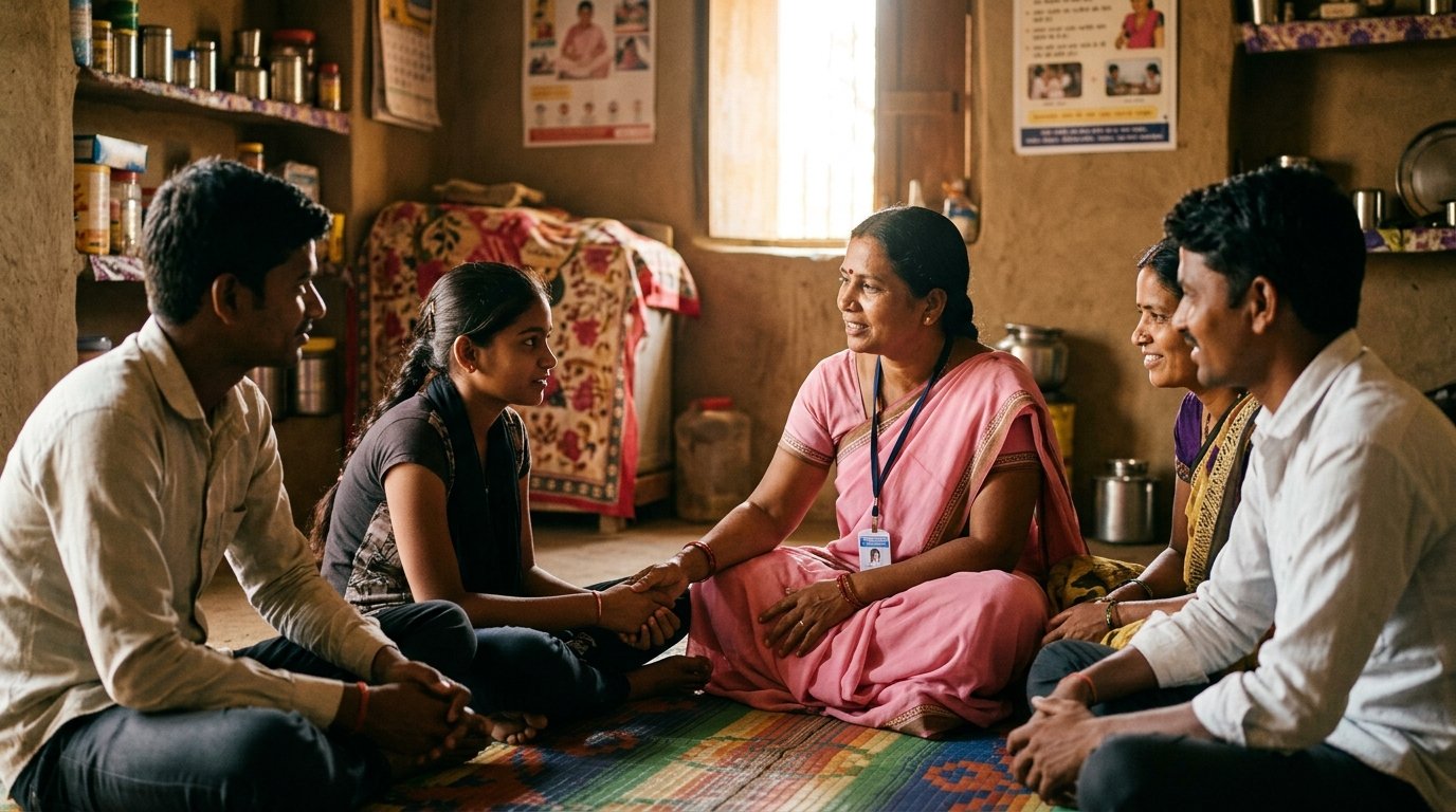 ASHA worker interacting with a family