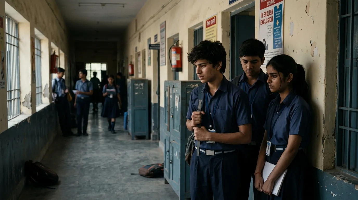 A group of Indian students looking guilty in a hallway, representing the bystander effect