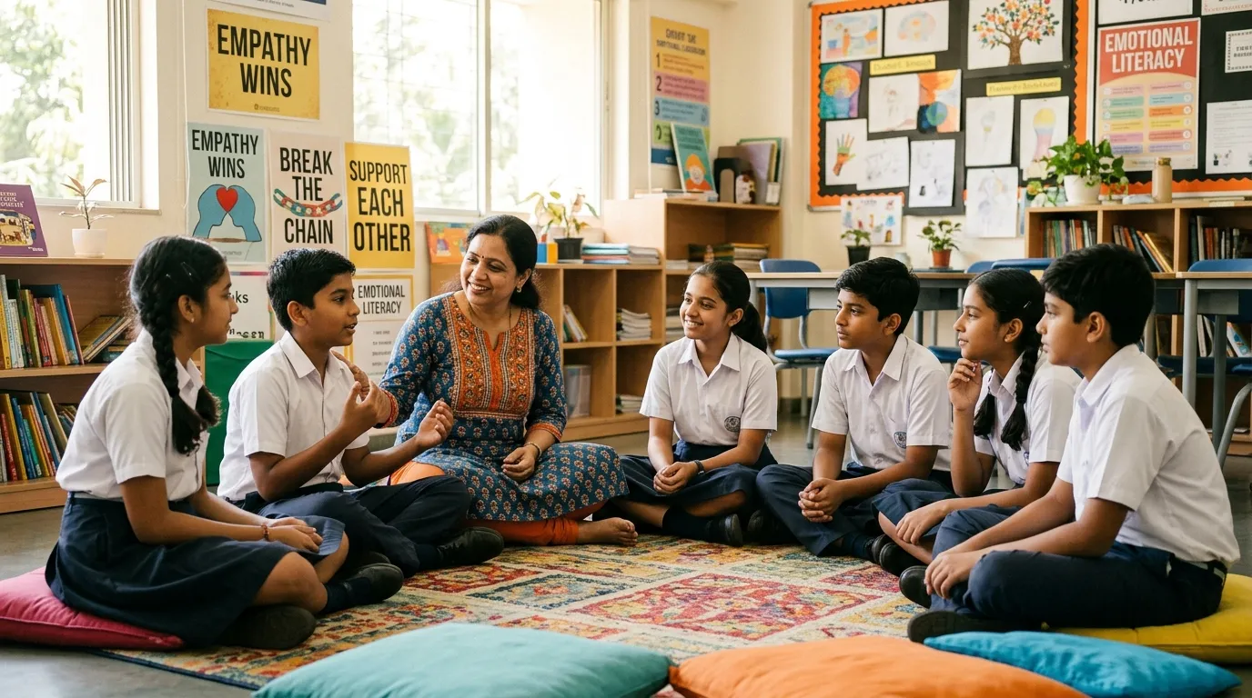 Indian teacher sitting with students discussing emotional literacy