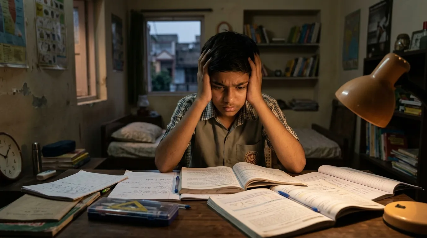 A stressed Indian student studying alone at night, reflecting the psychological toll of bullying