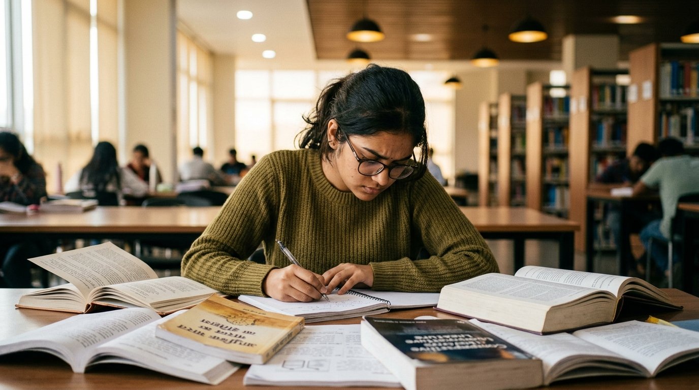 A focused young Indian student sitting in a library surrounded by books in different scripts, highlighting effortful learning.
