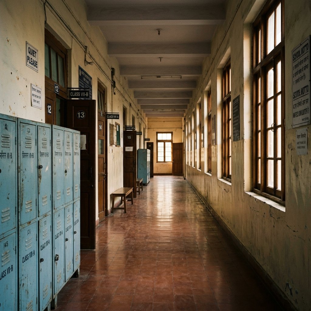 Empty school hallway reflecting isolation