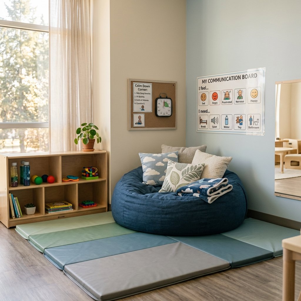 A serene, safe de-escalation corner in a classroom