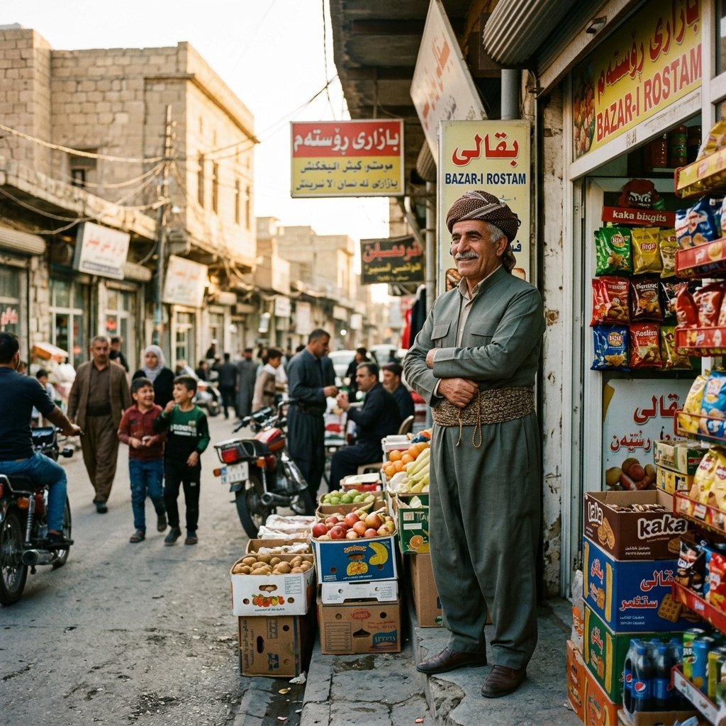 A vigilant Kurdish shopkeeper watching the street