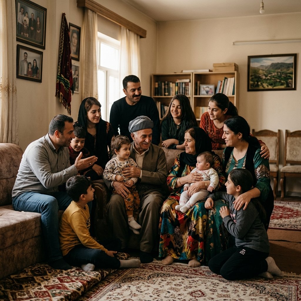 A supportive multigenerational Kurdish family at home