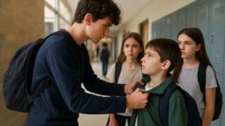 Teenager bullying a small kid and showing antisocial behaviour