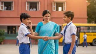 two students shaking hands in front of teacher